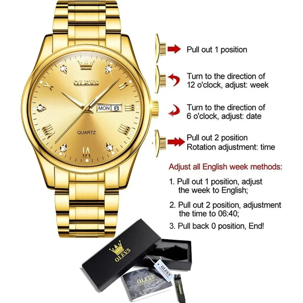 Olevs Men's Gold Steel Stainless Waterproof Stainless Luminous Stylish Watch